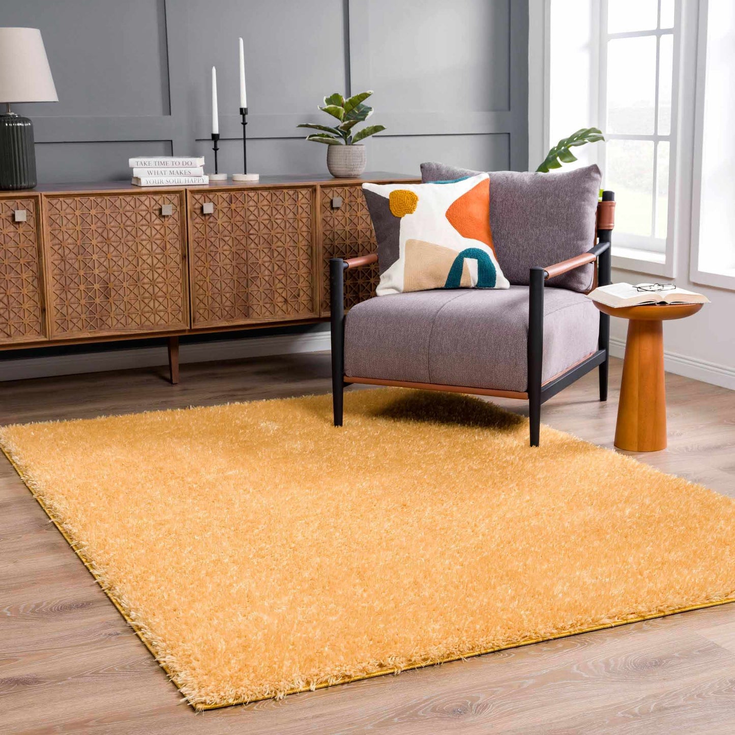 Faina Solid Gold Shag Washable Area Rug - Clearance