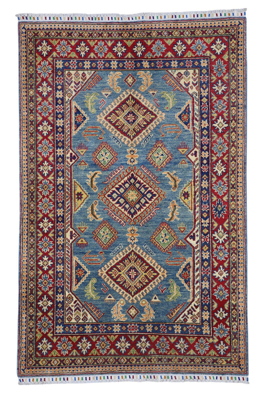 Hand-Knotted Afghani Kazak Wool Rug – 4’0″  x  6’1″