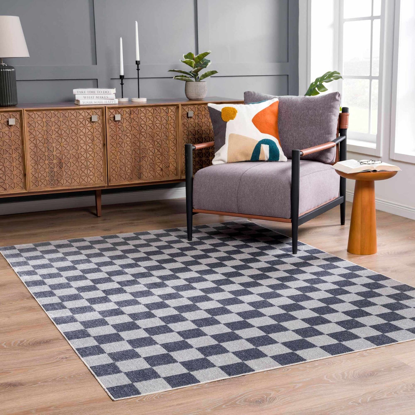 Alie Blue Gray Checkered Washable Rug