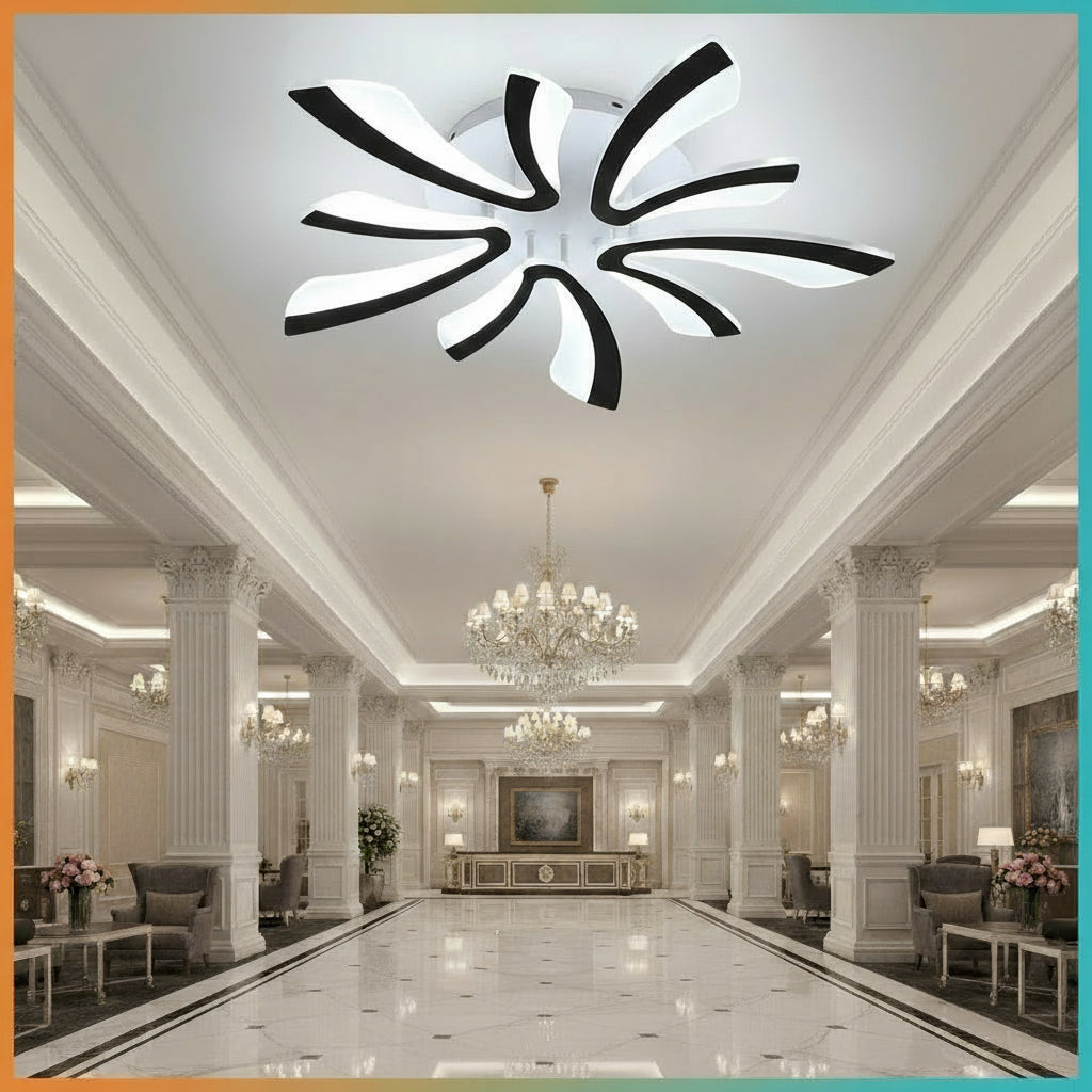 Modern ceiling light fixture in a room with a window and sofa, featuring the brand 'GreeLustr'.