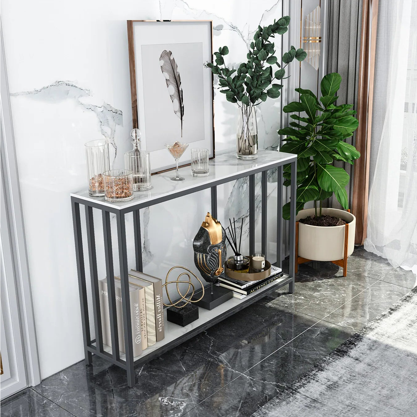 Modern interior with a console table, plant, and decorative items in a stylish living room.