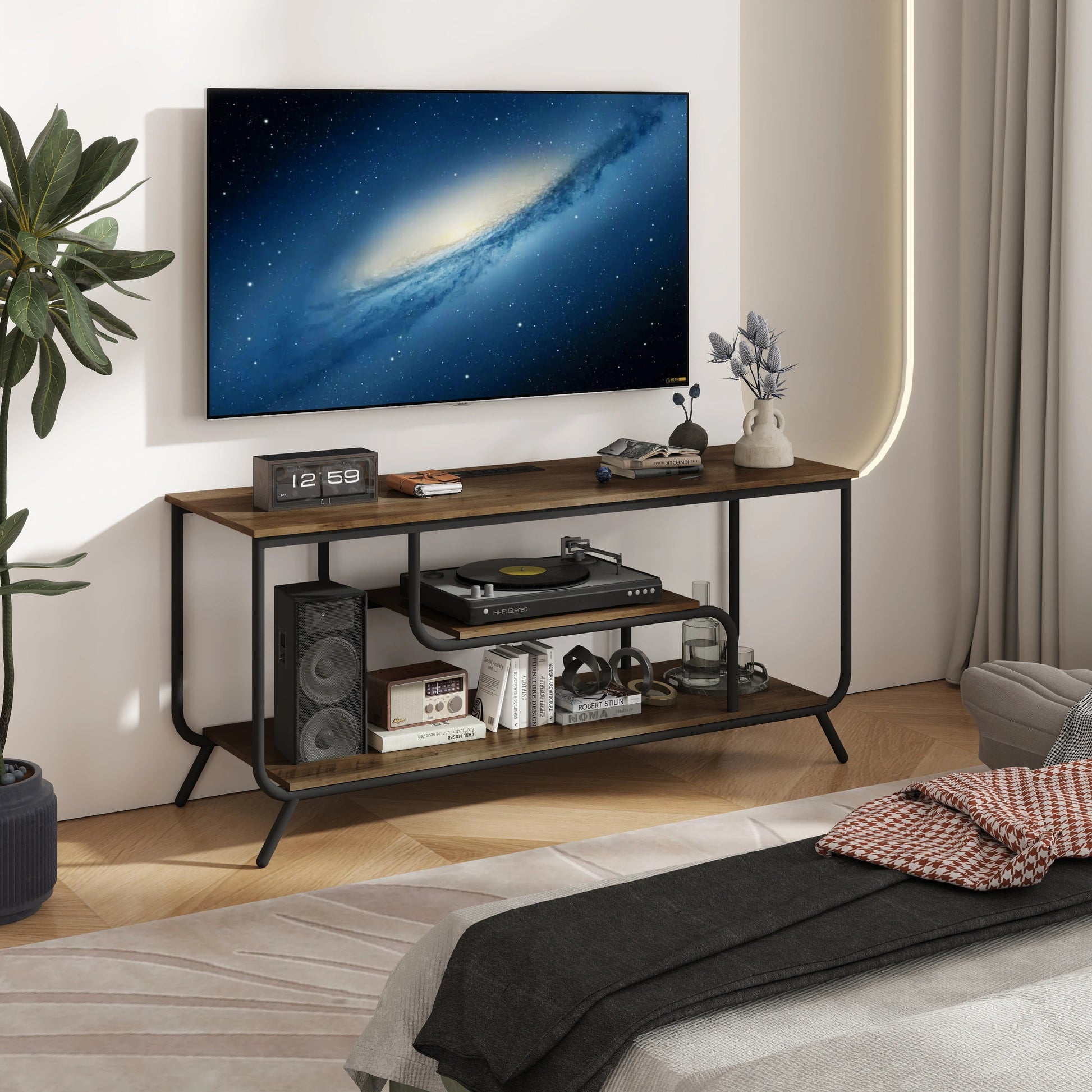 Modern living room with a television on a wooden stand displaying a space scene.