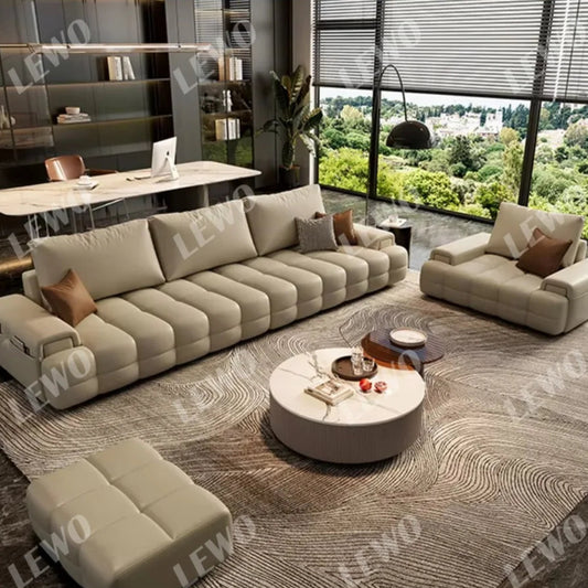 Modern living room with beige sofa, coffee table, and office desk. LEWO branding visible.