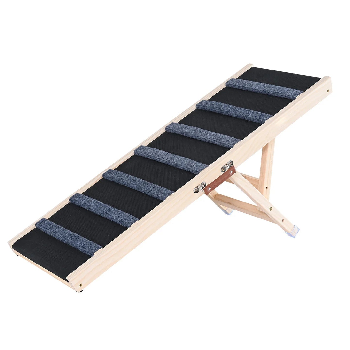 Pet ramp with black steps and wooden frame on a white background