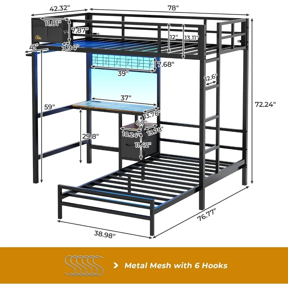 L-Shaped Twin Over Twin Bunk Bed with Desk & Storage – Modern Minimalist Loft Bed for Stylish Spaces, Metal & MDF Design, Sleek and Functional