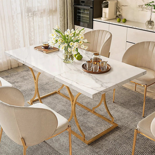 The Aurelia 63" Luxe Dining Table – White Marble Elegance with Gold Architectural Frame