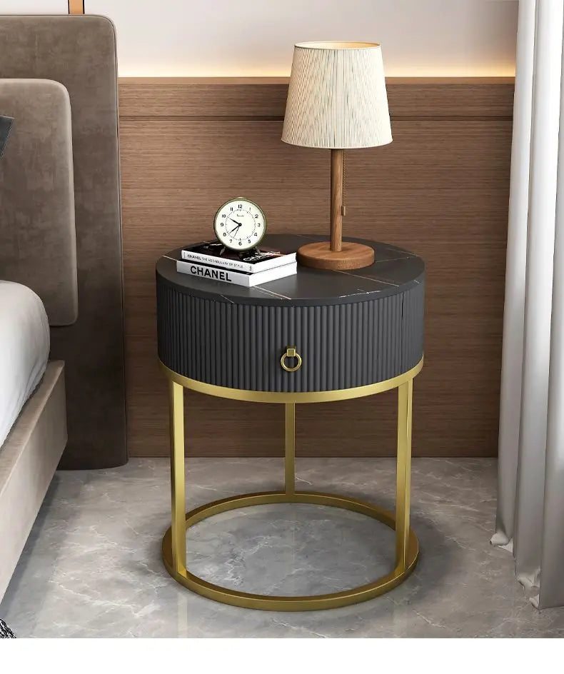 CelesteRound Modern Slate Nightstand – Minimalist Luxury Metal Side Table with Drawer for Bedroom & Living Elegance
