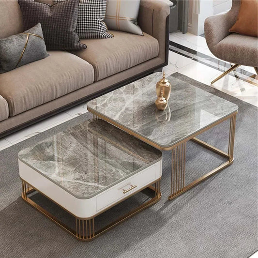 Dwyo Minimalist Square Coffee Table with Storage Drawers – Modern Light Luxury Rock Plate Living Room Table with Metal Frame