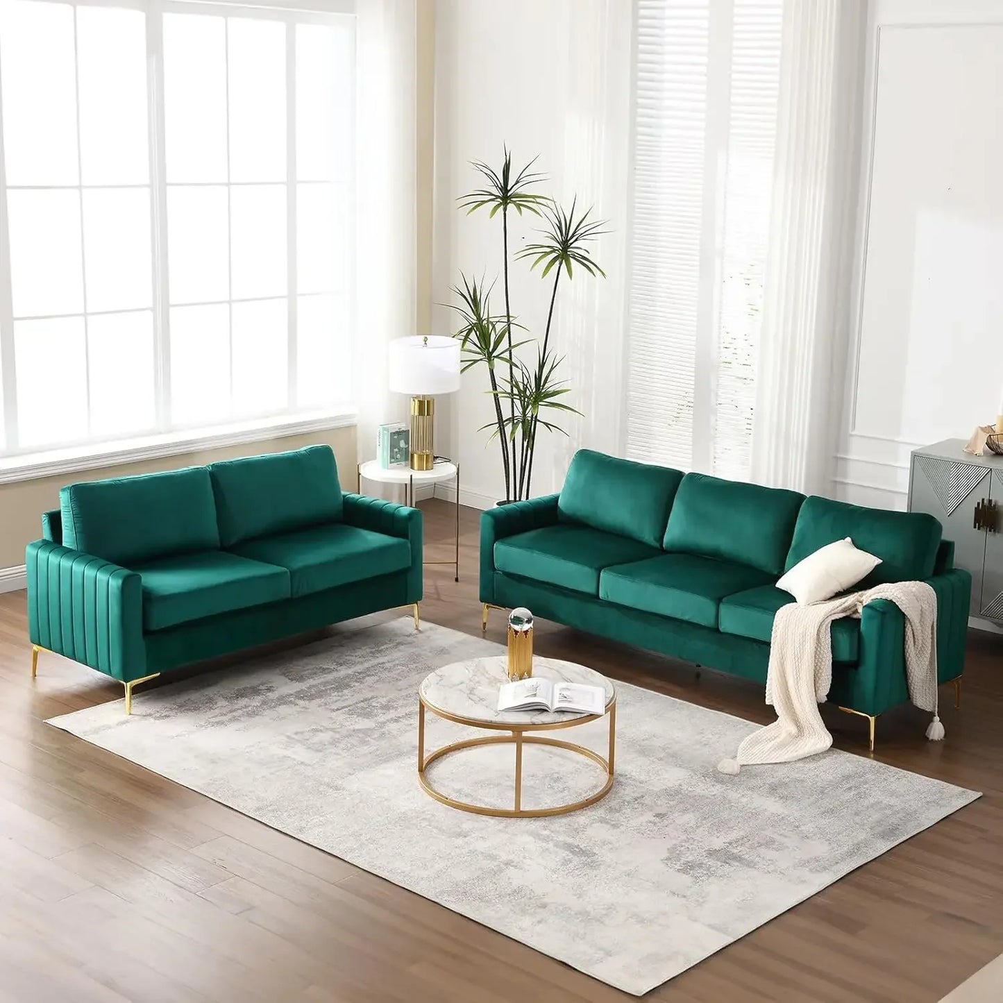 Luxurious Velvet Tufted Sofa & Loveseat Set – Modern 2-Piece Living Room Furniture with Gold Legs and Removable Cushions