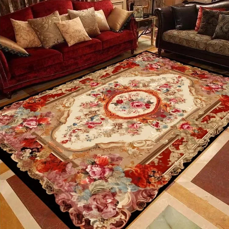 RoyalBloom Retro European Floral Rug – Soft Flannel Luxury Carpet for Living Room, Bedroom & Parlor Elegance