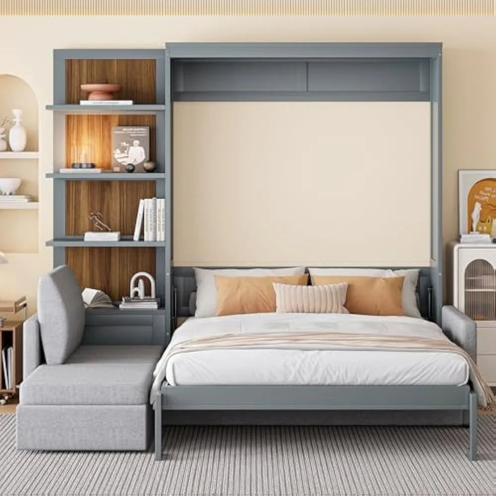 Harper Queen Convertible Wall Bed — Murphy Bed + Sofa With Storage Shelves (Gray)