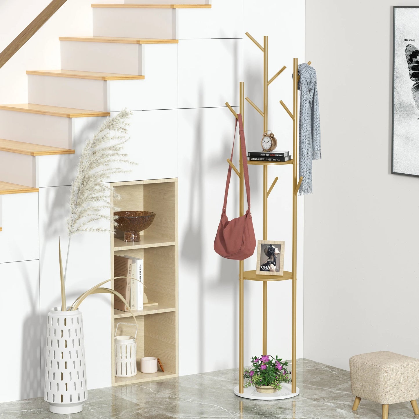 Marble & Metal Entryway Hall Tree With Shelves And Hooks