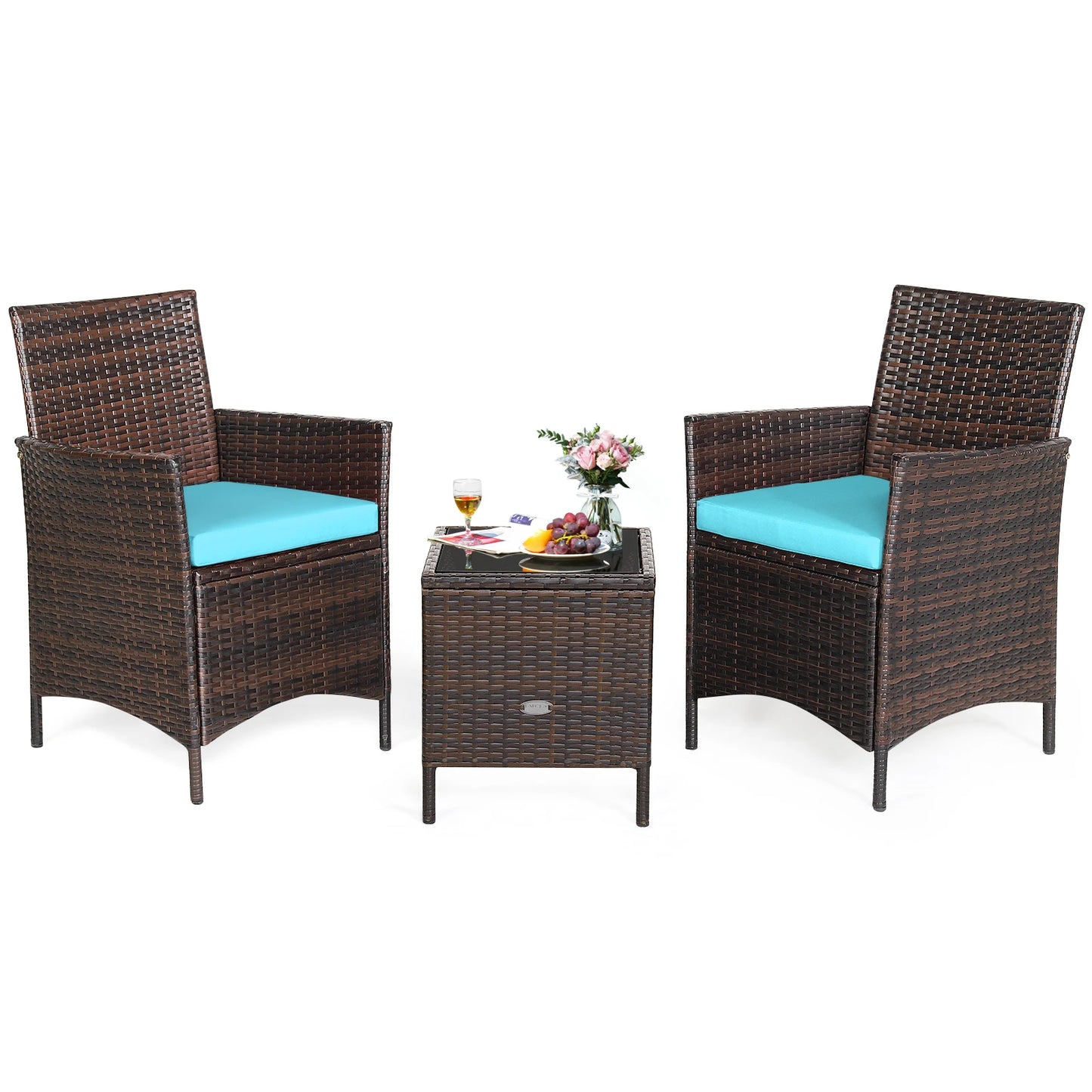 3PCS Patio Rattan Furniture Set Cushioned Sofa Glass Tabletop Deck Blue