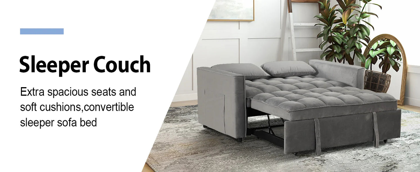 The House Of Bonney EBELLO 3-In-1 Velvet Convertible Sofa Bed – Modern Space-Saving Double Sleeper With Pillows