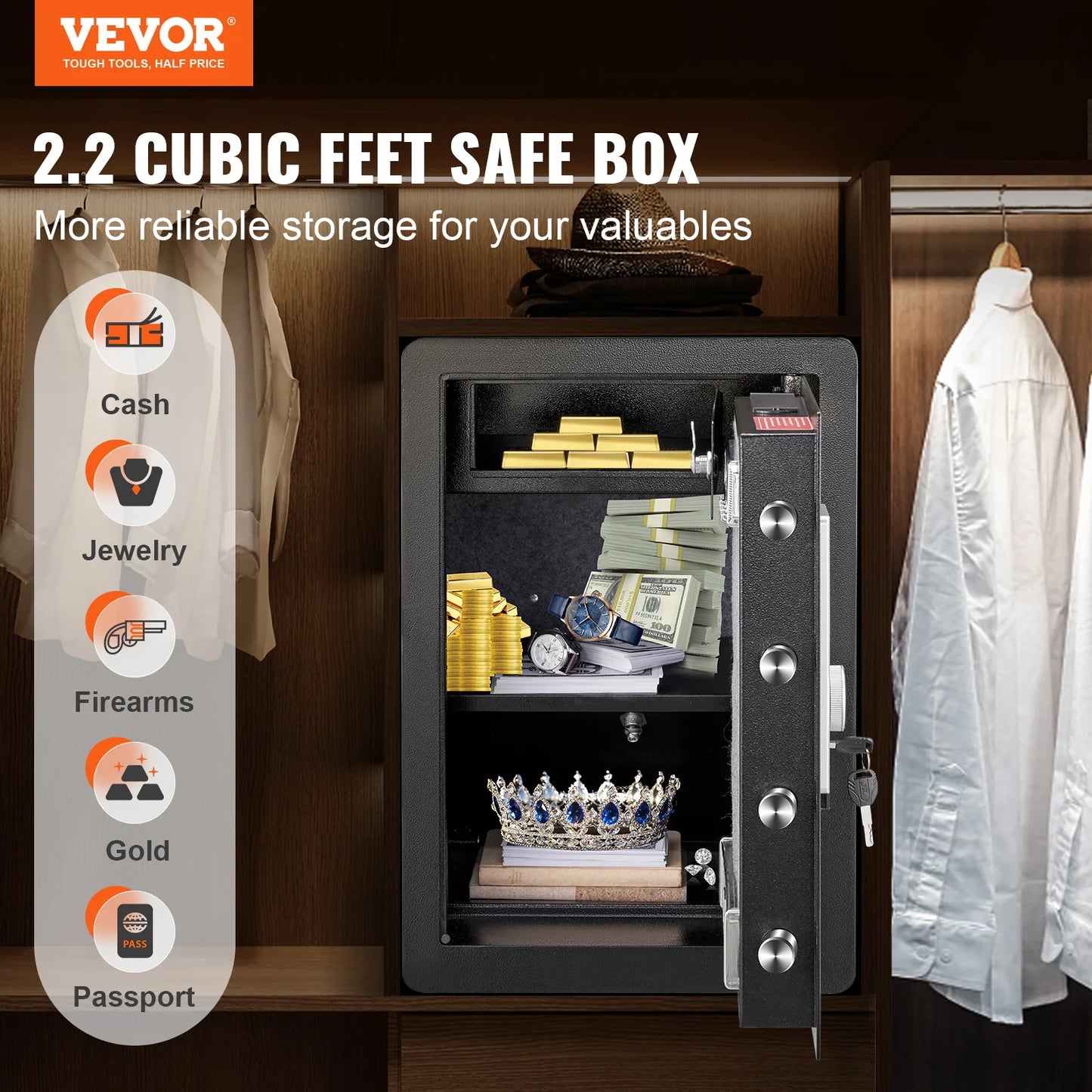 Vevor Échelon Luxe Security Safe — 2.2/1.8 Cu Ft Fingerprint & Digital Safe with Fire-Proof Protection