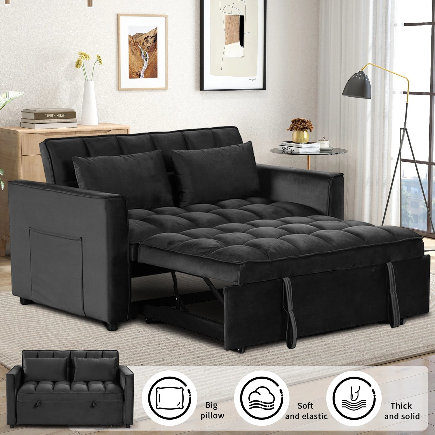 The House Of Bonney EBELLO 3-In-1 Velvet Convertible Sofa Bed – Modern Space-Saving Double Sleeper With Pillows
