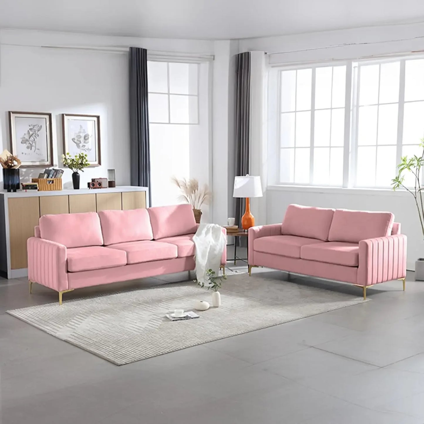 Luxurious Velvet Tufted Sofa & Loveseat Set – Modern 2-Piece Living Room Furniture with Gold Legs and Removable Cushions