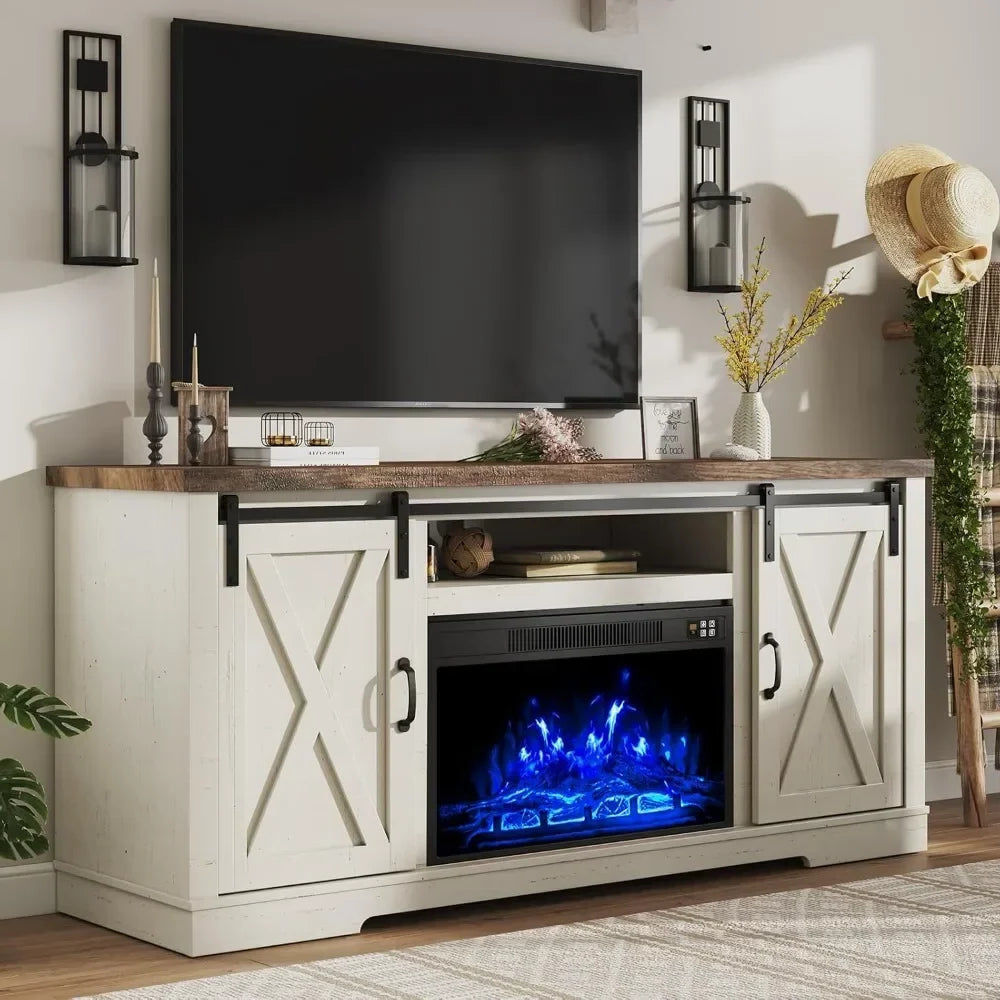 The House Of Bonney 63" Farmhouse Fireplace TV Stand with Storage Cabinets & Sliding Barn Doors