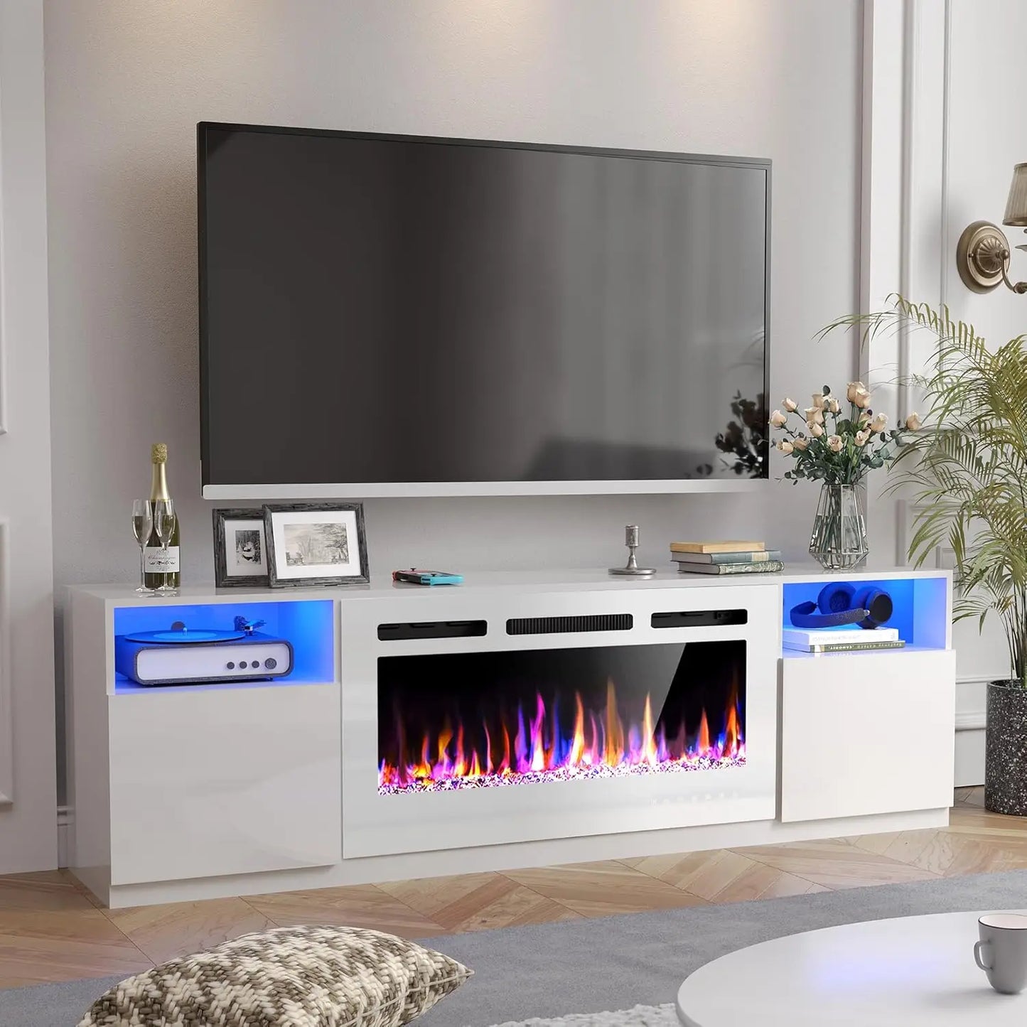 70" Modern Fireplace TV Stand with 36" Electric Fireplace - LED Entertainment Console for Living Room, TV up to 80"