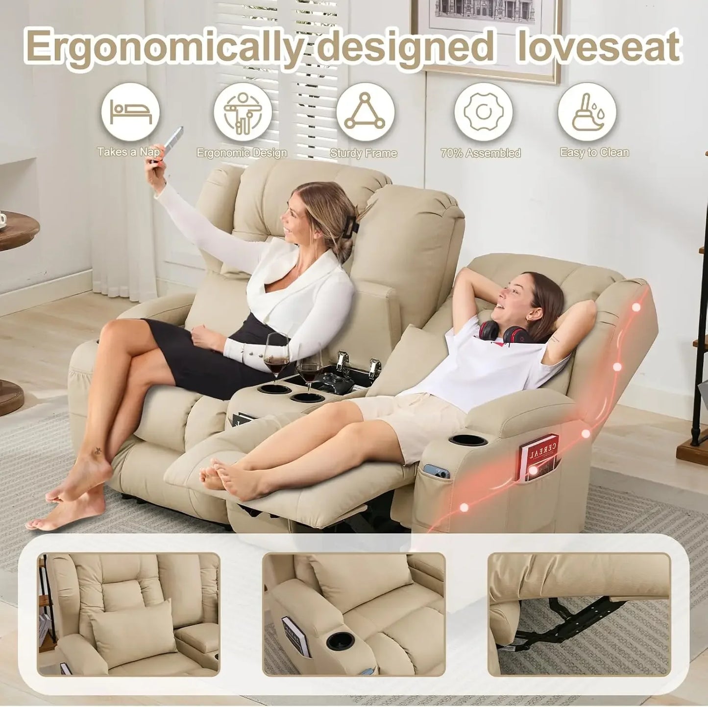 65.5" RV Loveseat Recliner Double Recliner RV Sofa & Console | RV Couch | RV Furniture, Home Theater Seating… (Beige)