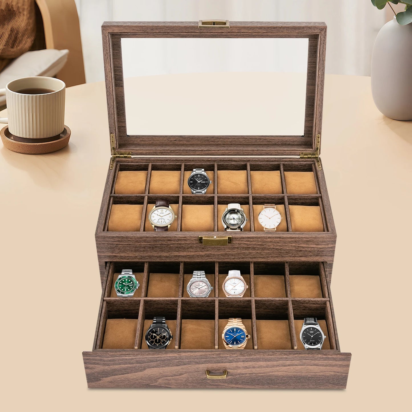 Timeless Elegance: 24-Slot Watch Box with Dual Layers, Brown