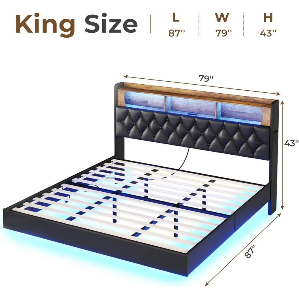 Luminous Dream King Size Floating Bed Frame with RGB LED Headboard, USB Ports & Hidden Storage - Modern Bedroom Furniture