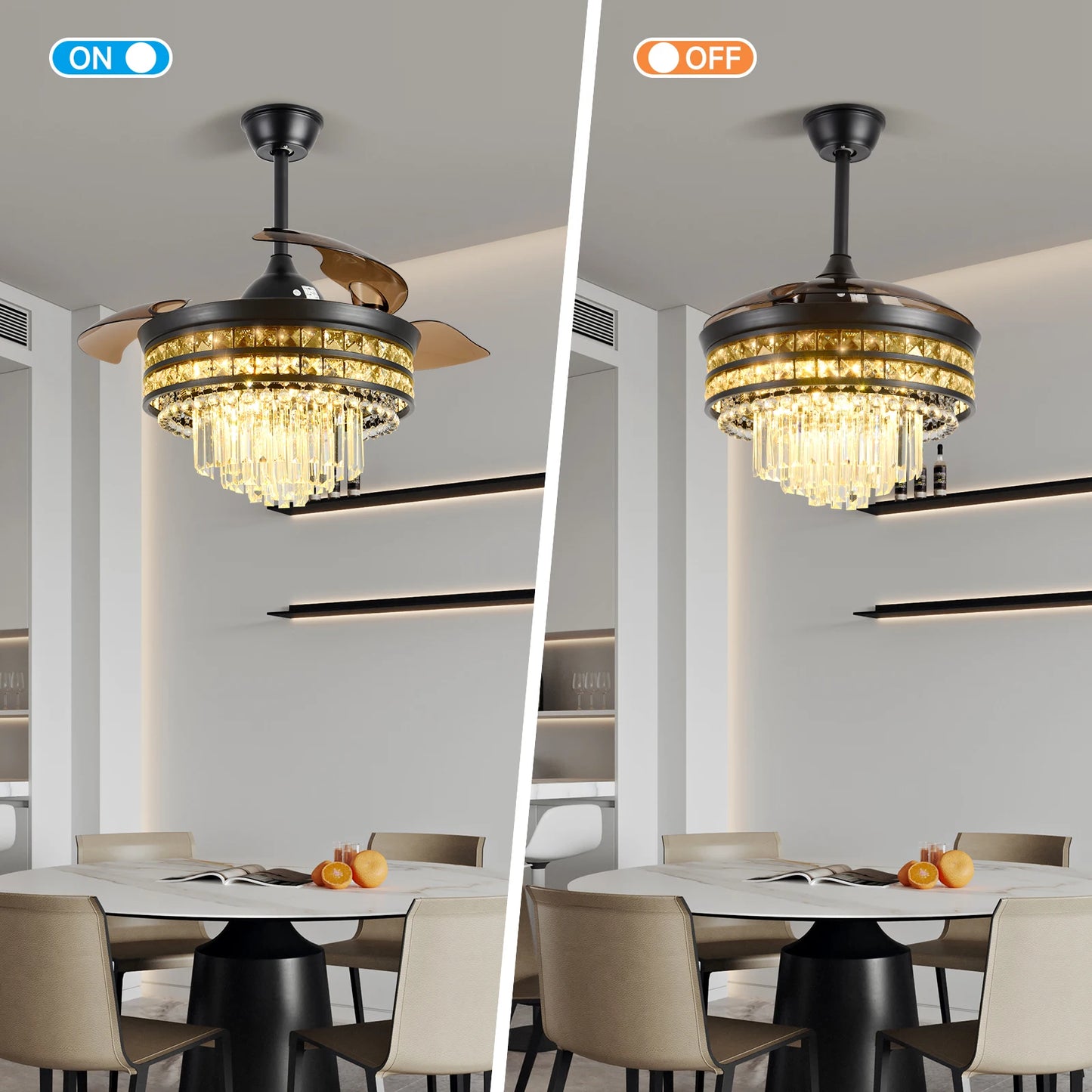 Smart RC Ceiling Fan Lamp Led Light Modern Home Decor Crystal Black Chandelier Living Dining Room Indoor Fixture Intelligent