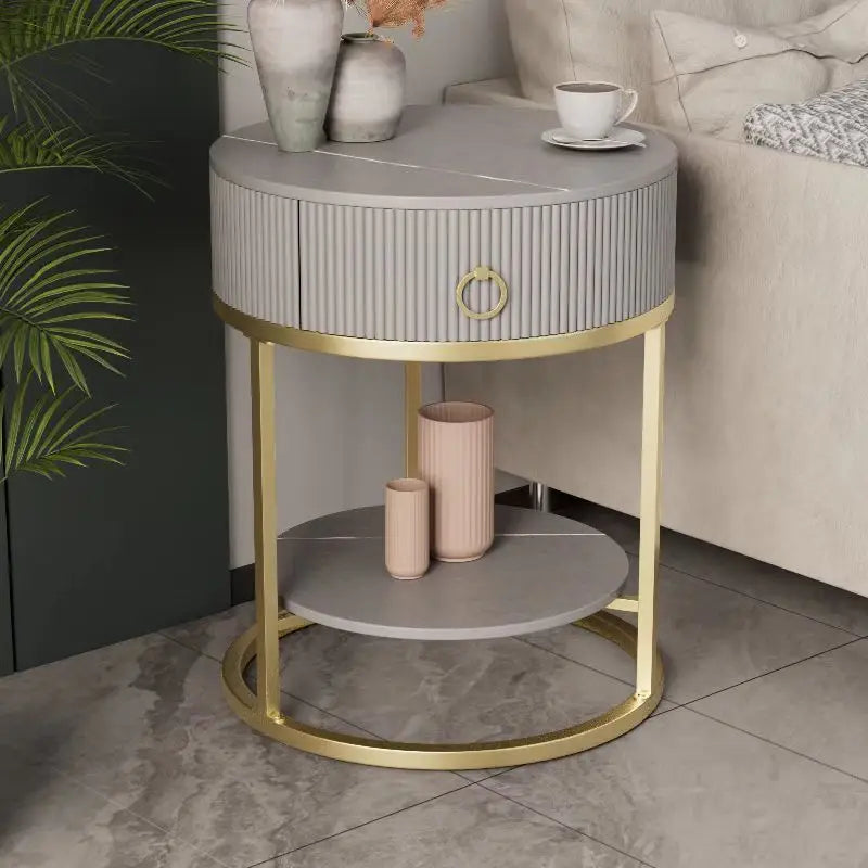 CelesteRound Modern Slate Nightstand – Minimalist Luxury Metal Side Table with Drawer for Bedroom & Living Elegance