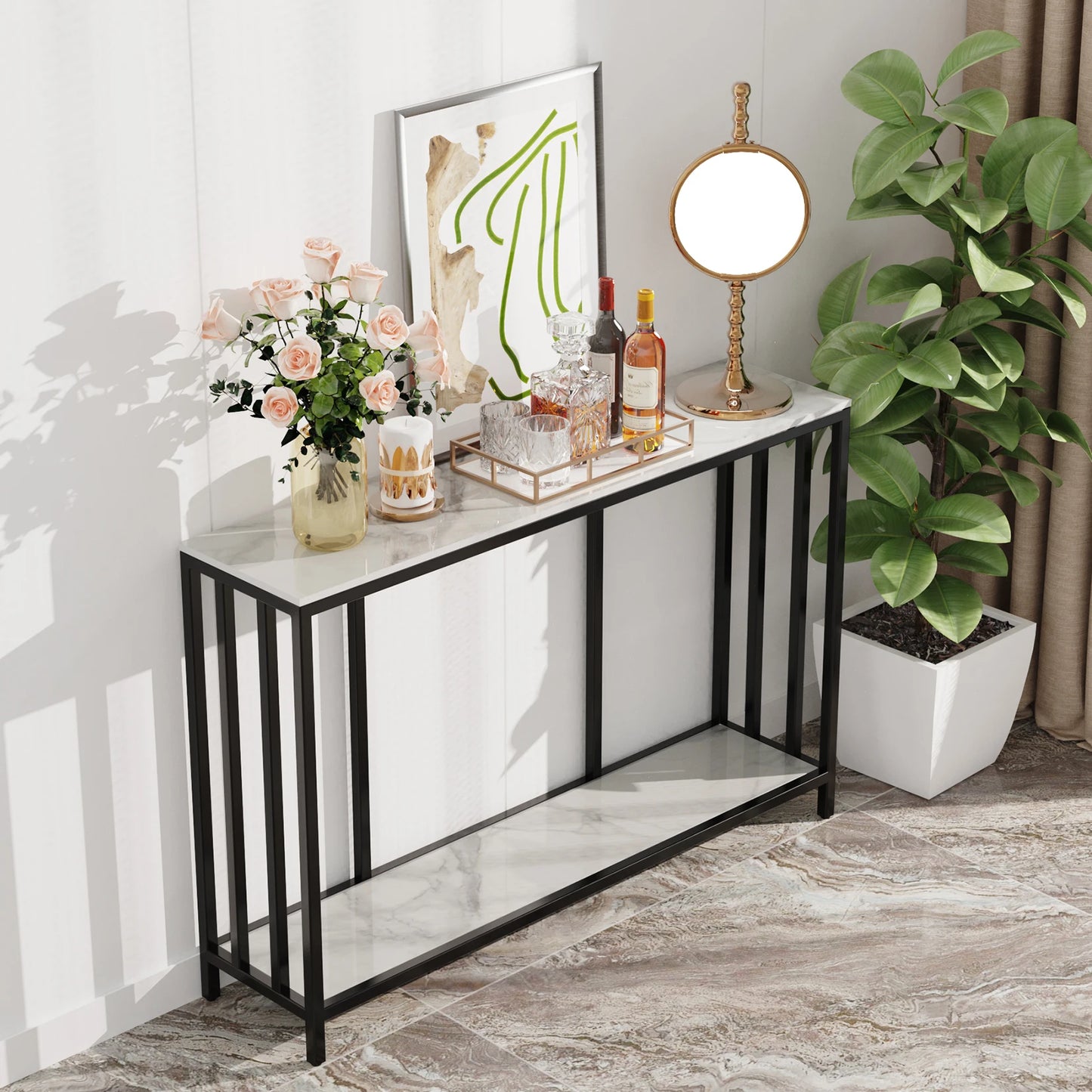 The House Of Bonney 47.2” Modern Sintered Stone Console Table – White Marble Entryway Table With Black Metal Base