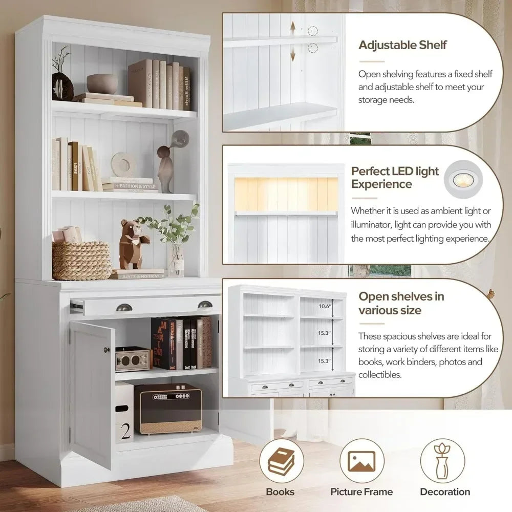 Luminaire Grand Bookcase | 83.4” Tall White Wooden Library With LED GLOW