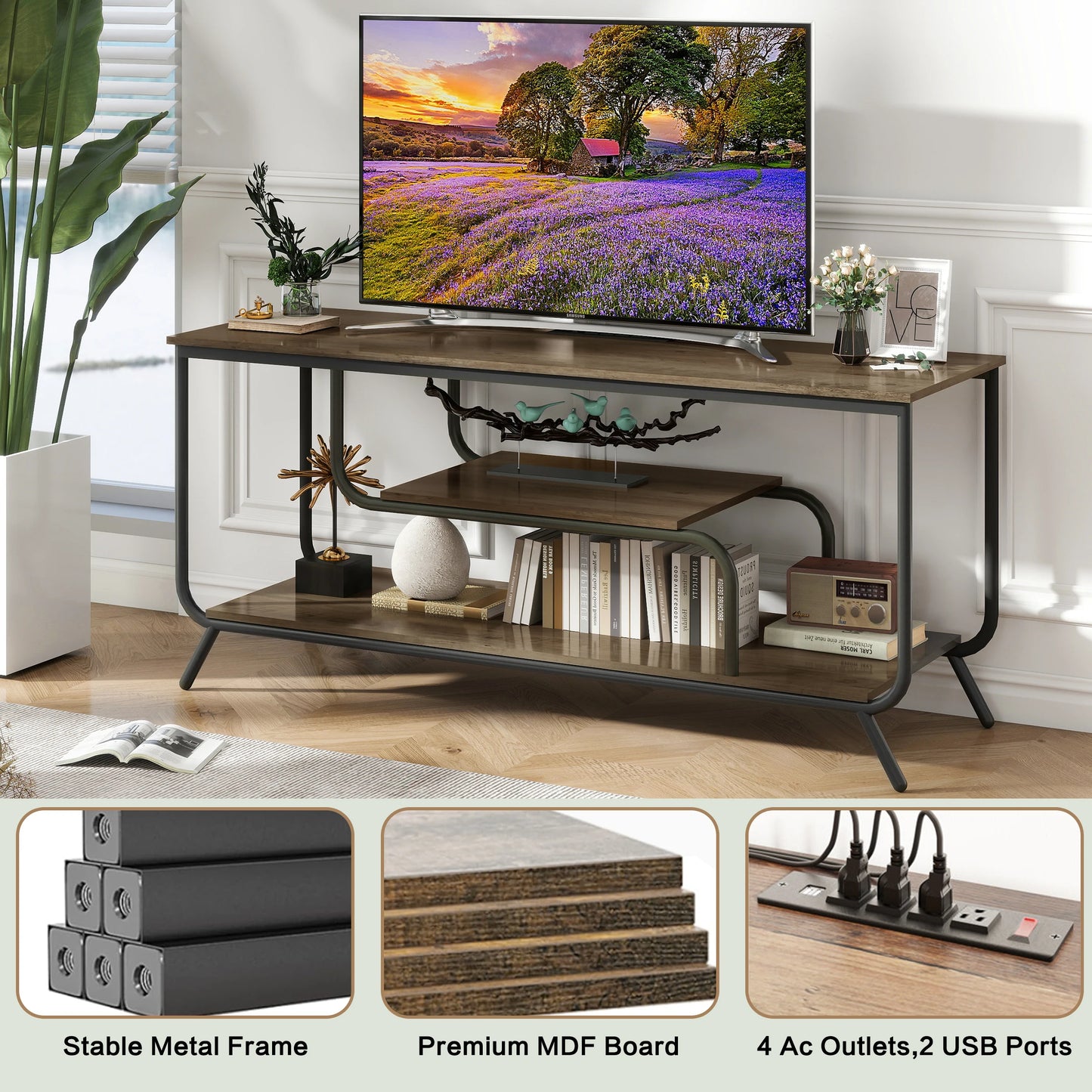 WhisperGlow Luxe TV Stand With Smart Power & Ambient LED Aura – Light Gray Serenity