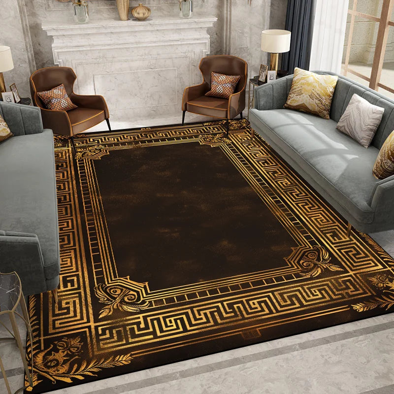 MidnightGold Luxe Flannel Area Rug – Modern Black & Gold Geometric Carpet for Living Room, Bedroom & Study Glamour
