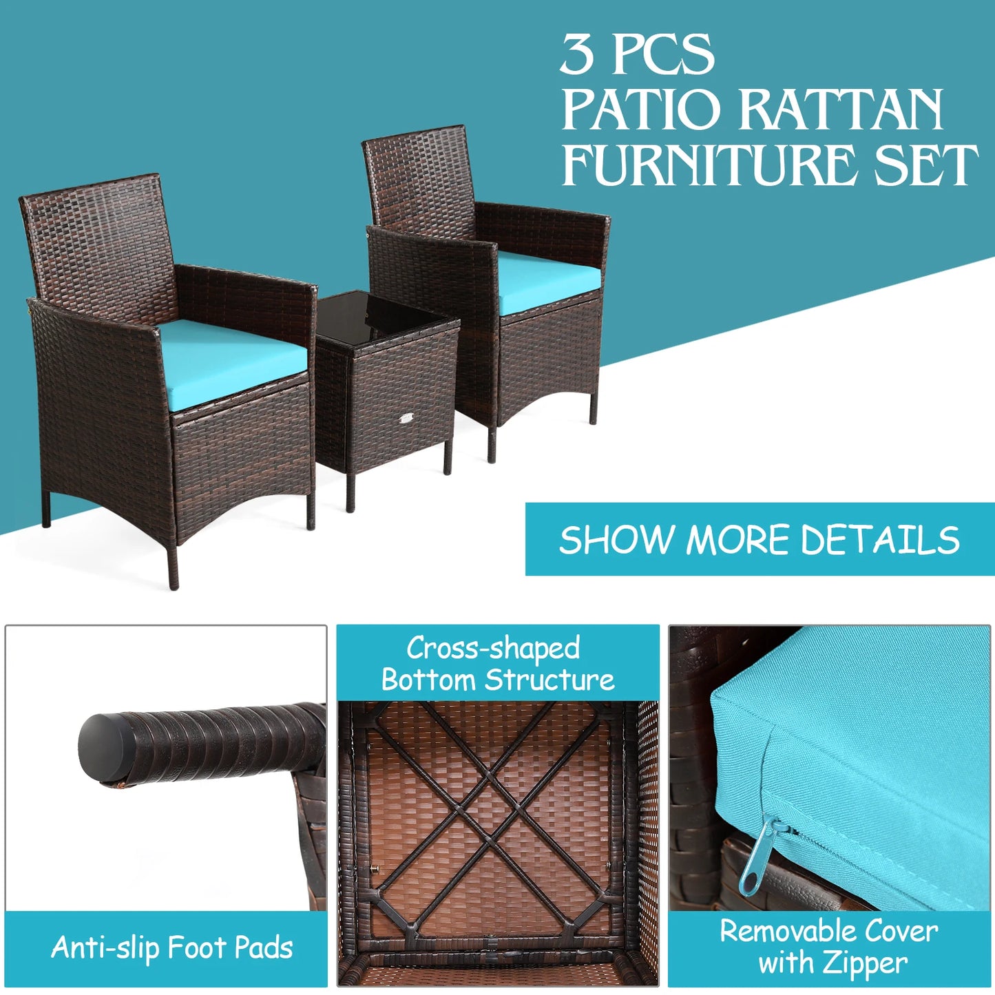 3PCS Patio Rattan Furniture Set Cushioned Sofa Glass Tabletop Deck Blue