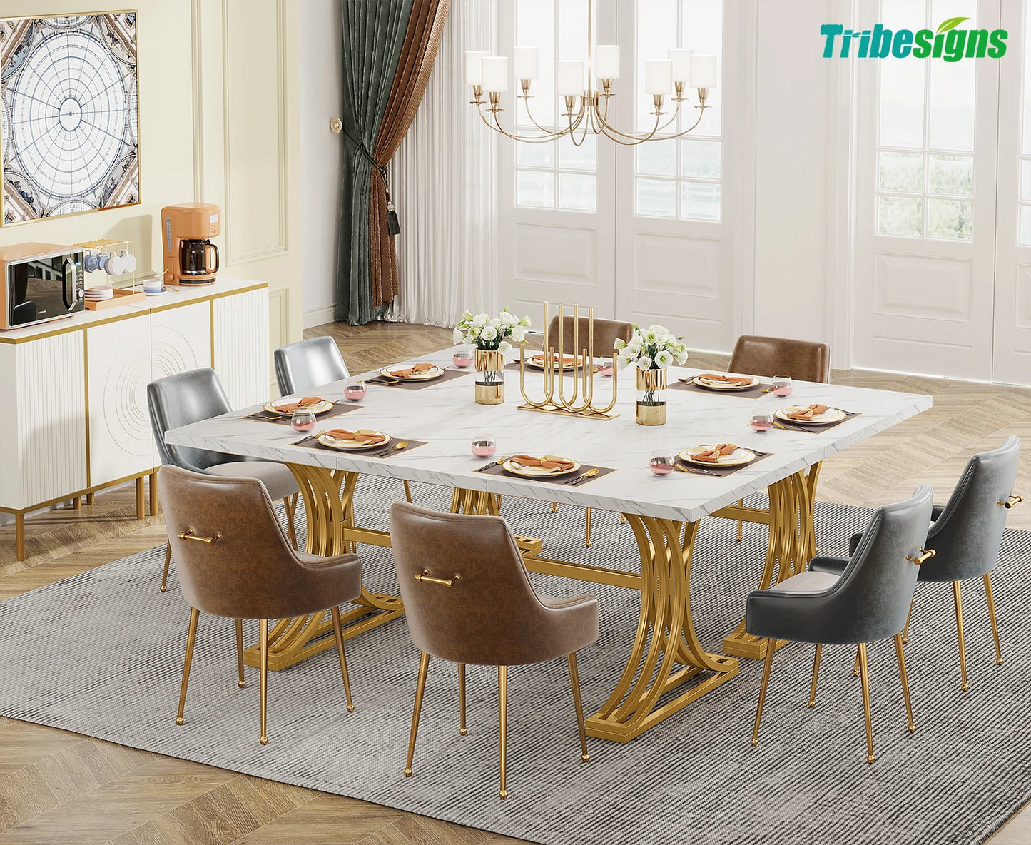 63-Inch Modern Rectangular Dining Table – Faux Marble Top with Gold Metal Legs, Seats 4-6, Stylish Dining Table for Home or Office