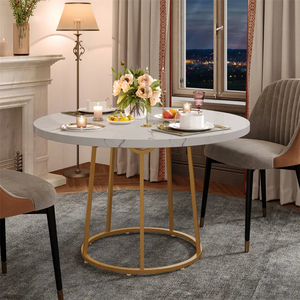 Opulence Round Dining Table – 47” White Marble Luxe with Gold Sculptural Base for Inspired Gatherings