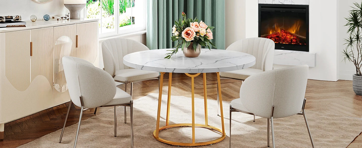 Opulence Round Dining Table – 47” White Marble Luxe with Gold Sculptural Base for Inspired Gatherings