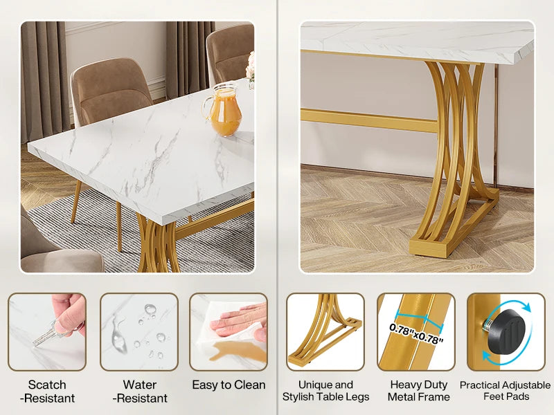 63-Inch Modern Rectangular Dining Table – Faux Marble Top with Gold Metal Legs, Seats 4-6, Stylish Dining Table for Home or Office