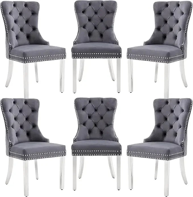 Opulent Velvet Dining Chairs Set of 6 - Luxurious Tufted Back, Nailhead Trim, Lion Head Pull Ring & Rhomboid Pattern