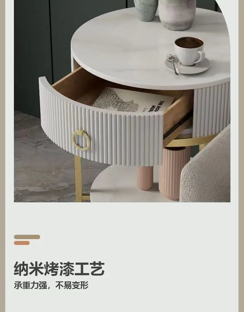 CelesteRound Modern Slate Nightstand – Minimalist Luxury Metal Side Table with Drawer for Bedroom & Living Elegance