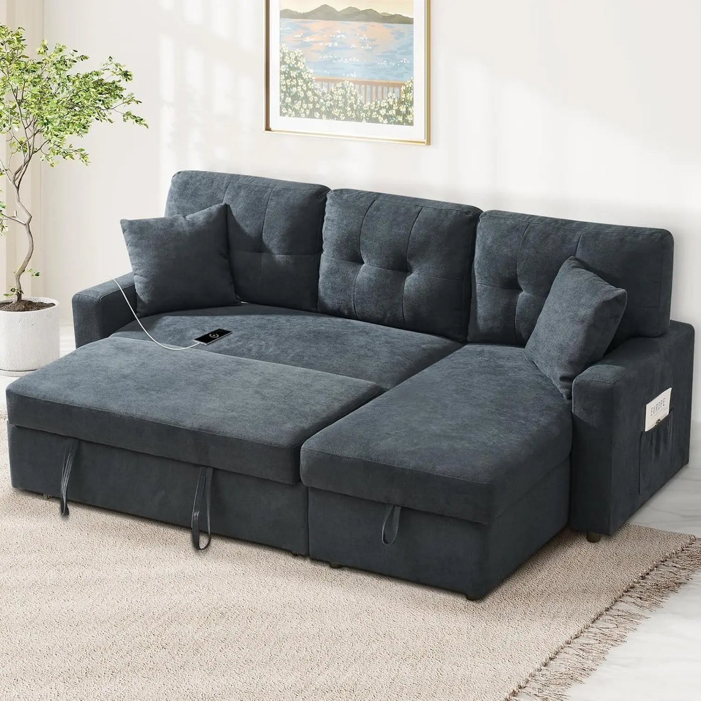 L-Shape Storage Sofa with Pull-Out Sleeper & USB/Type-C Charging – The House of Bonney