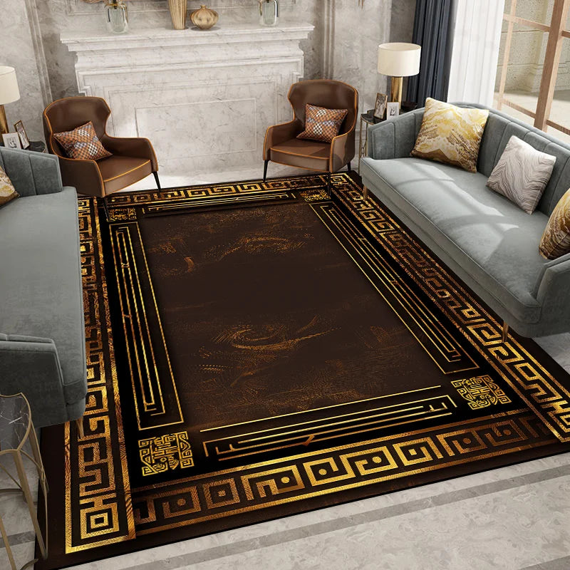 MidnightGold Luxe Flannel Area Rug – Modern Black & Gold Geometric Carpet for Living Room, Bedroom & Study Glamour
