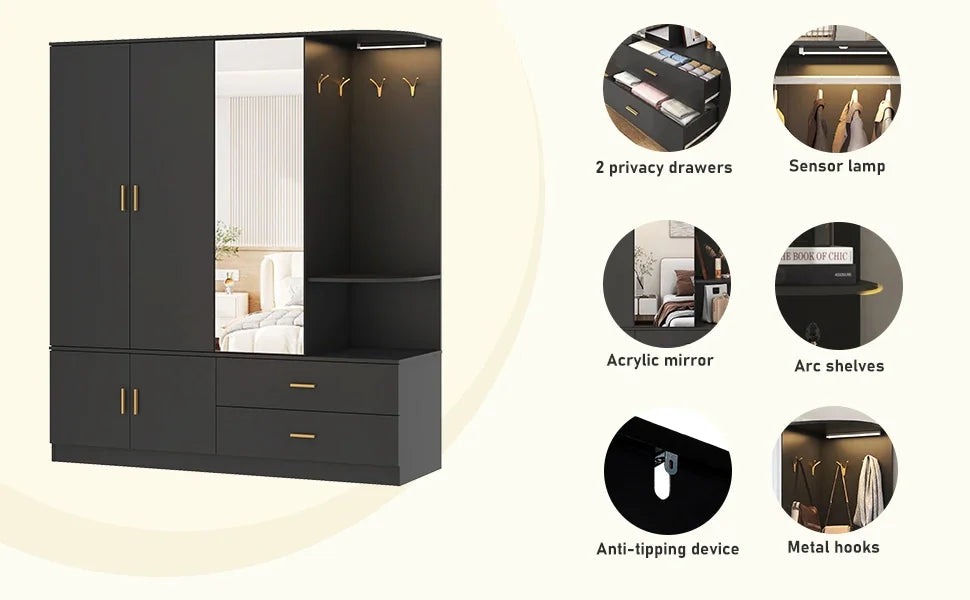 LUMINA Wardrobe – 5-Door Modern Armoire with Sensor Lighting, Acrylic Mirror & Luxe Storage