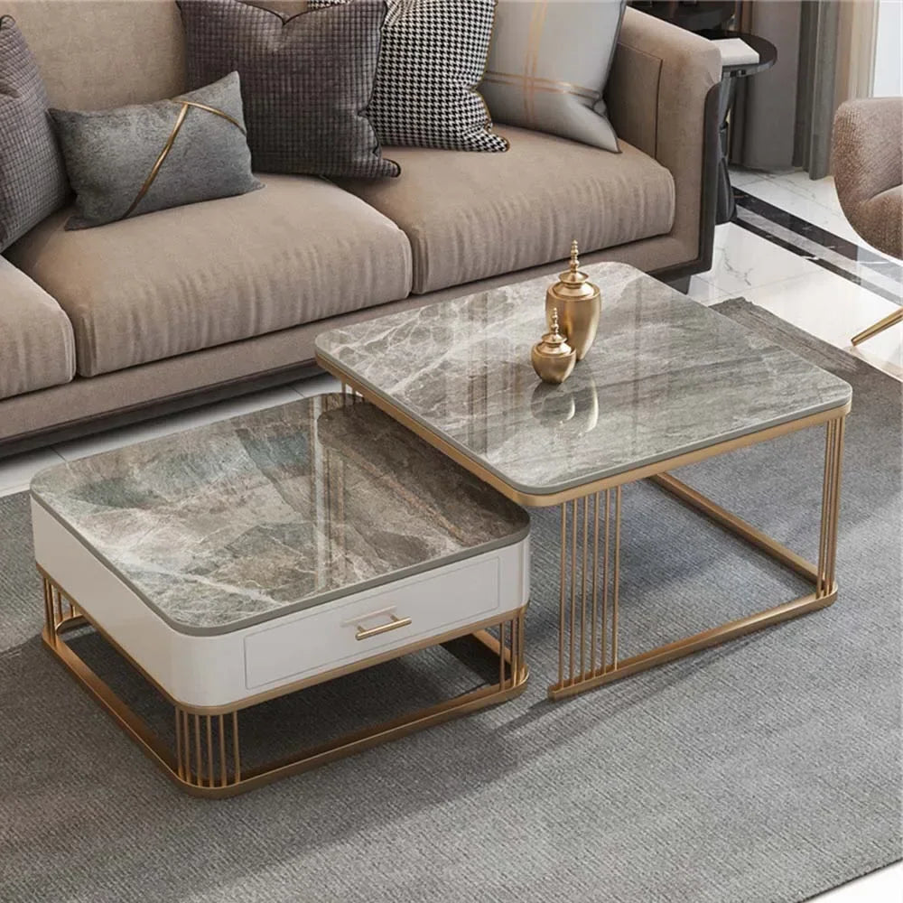 Dwyo Minimalist Square Coffee Table with Storage Drawers – Modern Light Luxury Rock Plate Living Room Table with Metal Frame