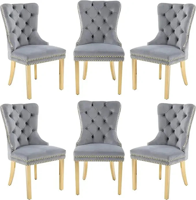 Opulent Velvet Dining Chairs Set of 6 - Luxurious Tufted Back, Nailhead Trim, Lion Head Pull Ring & Rhomboid Pattern