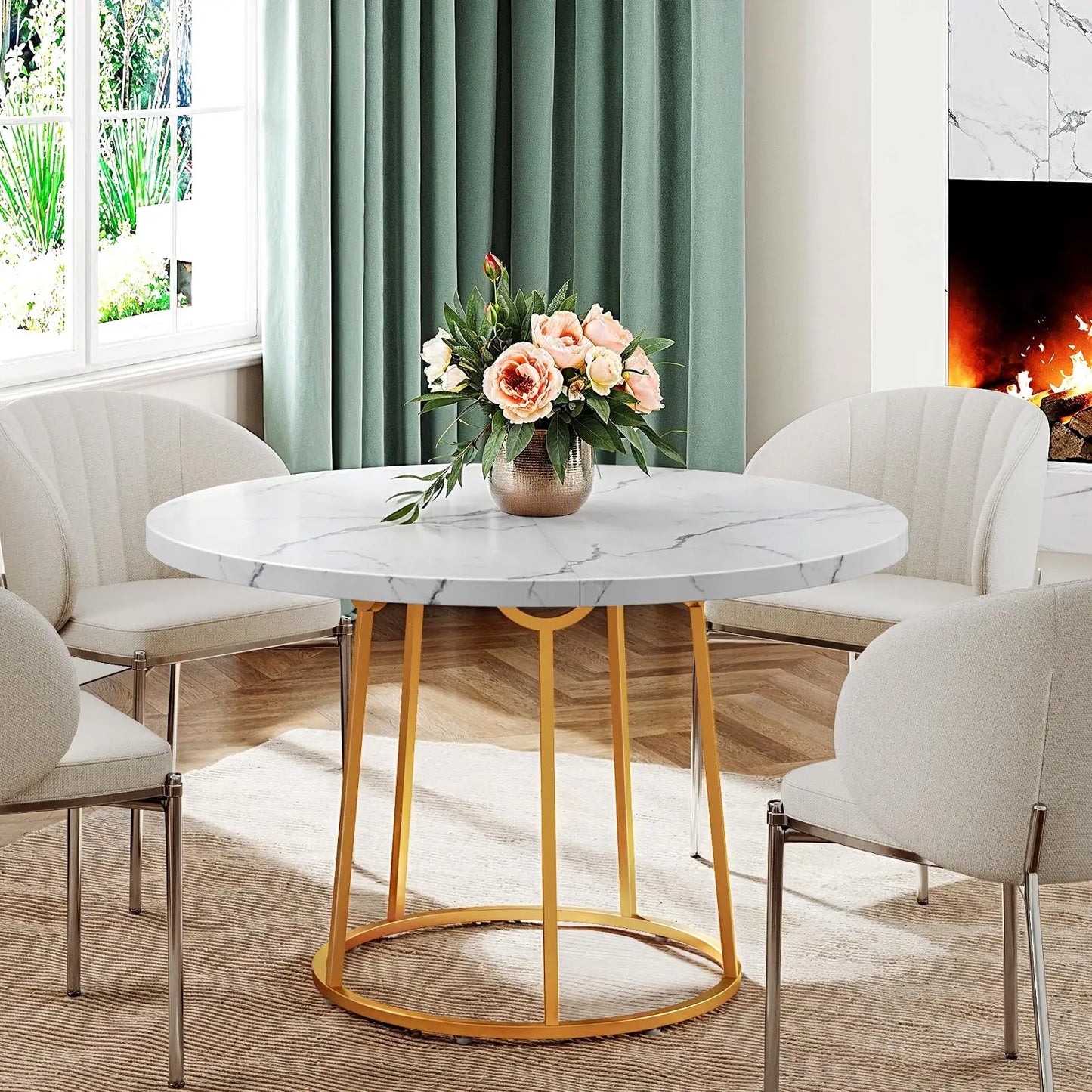 Opulence Round Dining Table – 47” White Marble Luxe with Gold Sculptural Base for Inspired Gatherings