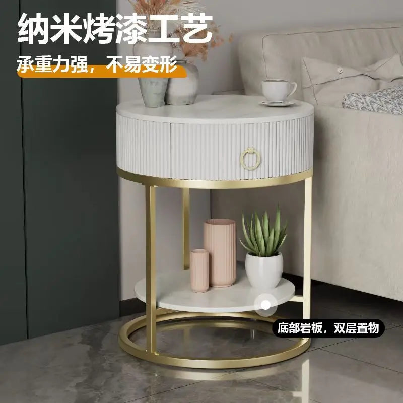 CelesteRound Modern Slate Nightstand – Minimalist Luxury Metal Side Table with Drawer for Bedroom & Living Elegance