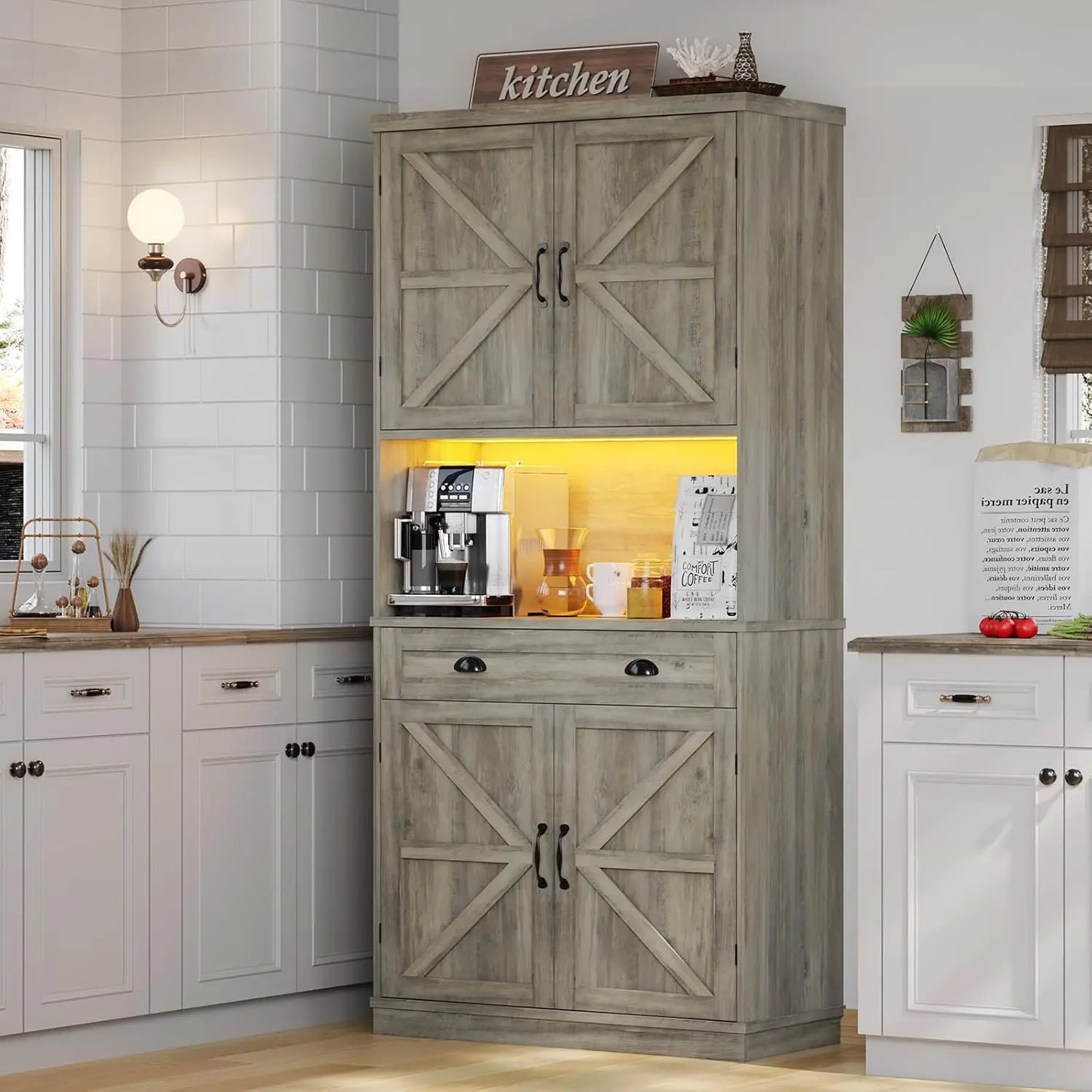 Rustic Farmhouse Kitchen Pantry Cabinet | 72.6” Storage Unit with LED Lighting & Power Strip