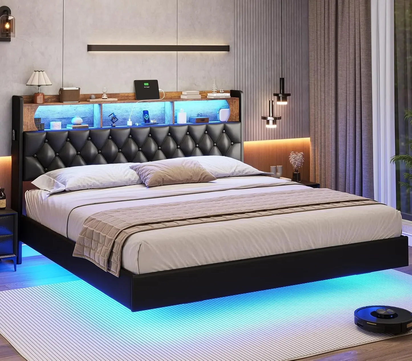 Luminous Dream King Size Floating Bed Frame with RGB LED Headboard, USB Ports & Hidden Storage - Modern Bedroom Furniture