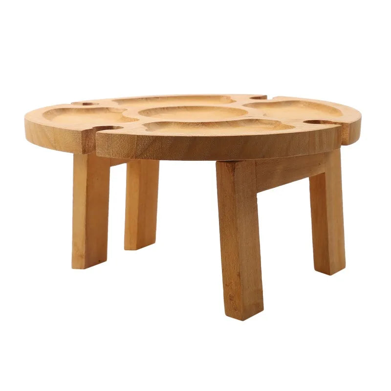 ChâteauEase Bamboo Folding Wine & Snack Table | 2-in-1 Round Picnic Tray With Glass Holder for Garden & Outdoor Gatherings