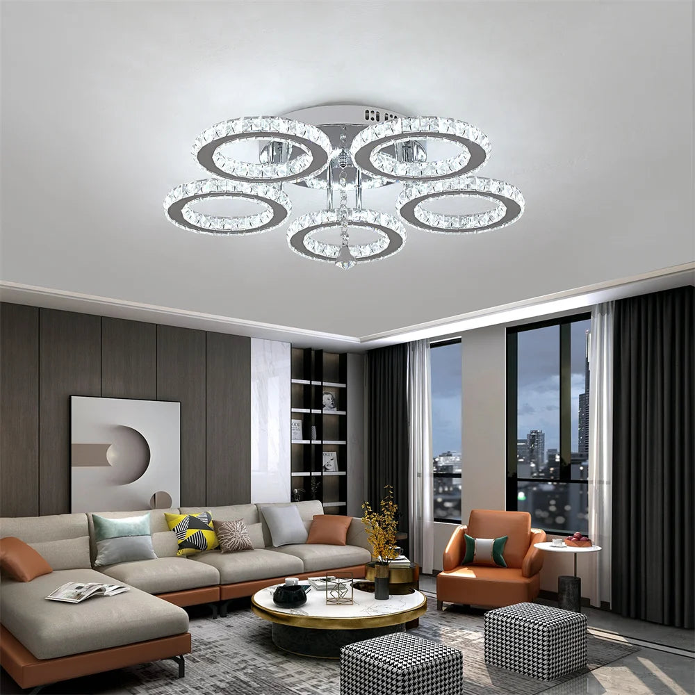 Celestia Luxe Crystal Chandelier – Modern App-Controlled Dimmable LED Ceiling Light with Polished Chrome Rings